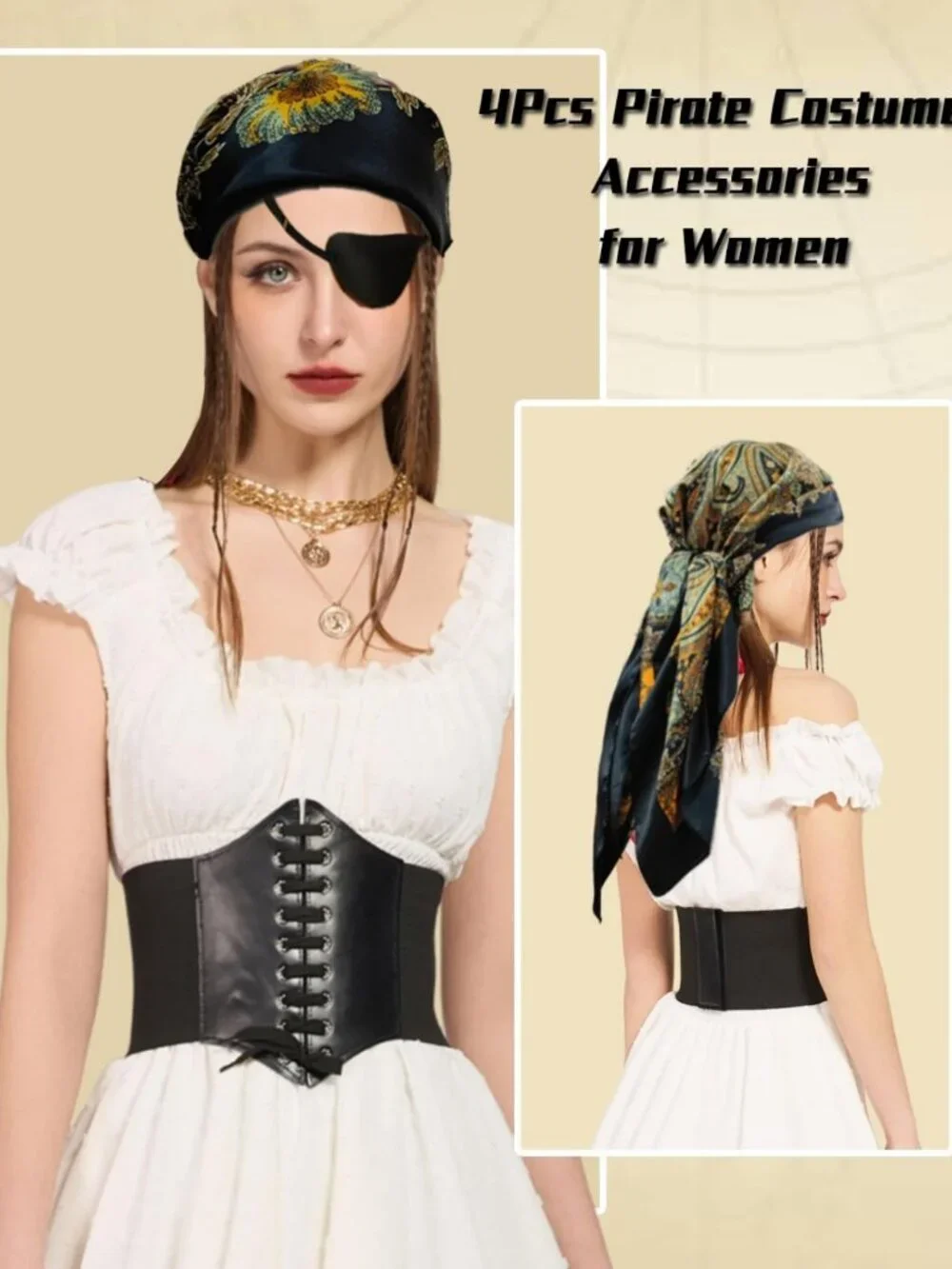 Women’s Pirate Costume Accessories: Bandana, Eye Patch, Corset & Jewelry Set